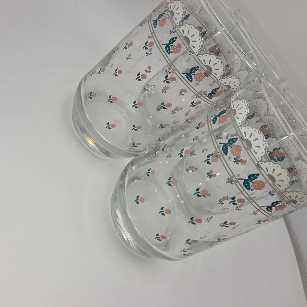 Vintage 1988 CHD Floral Glass Tumblers Set of 4 Pink Rose Scalloped Lace Border